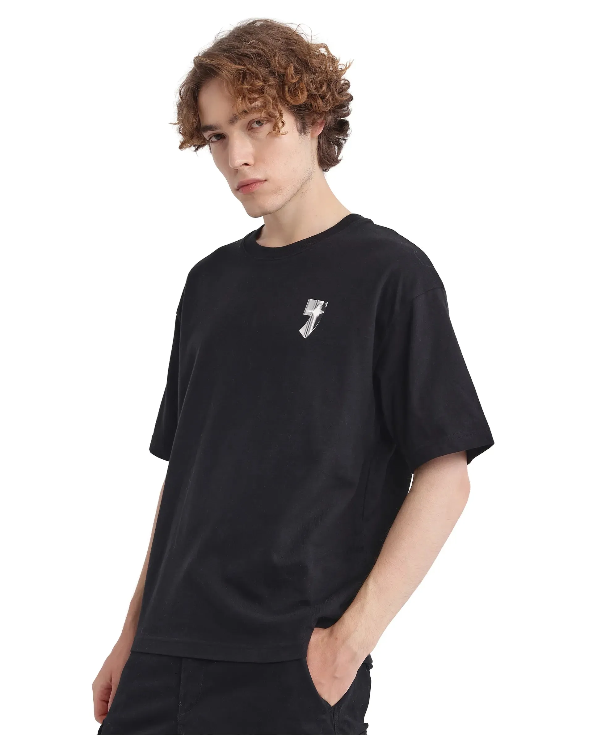 Rare Rabbit Men Keltz Black Cotton Fabric Short Sleeve Crew Neck Oversized Fit Printed T-Shirt
