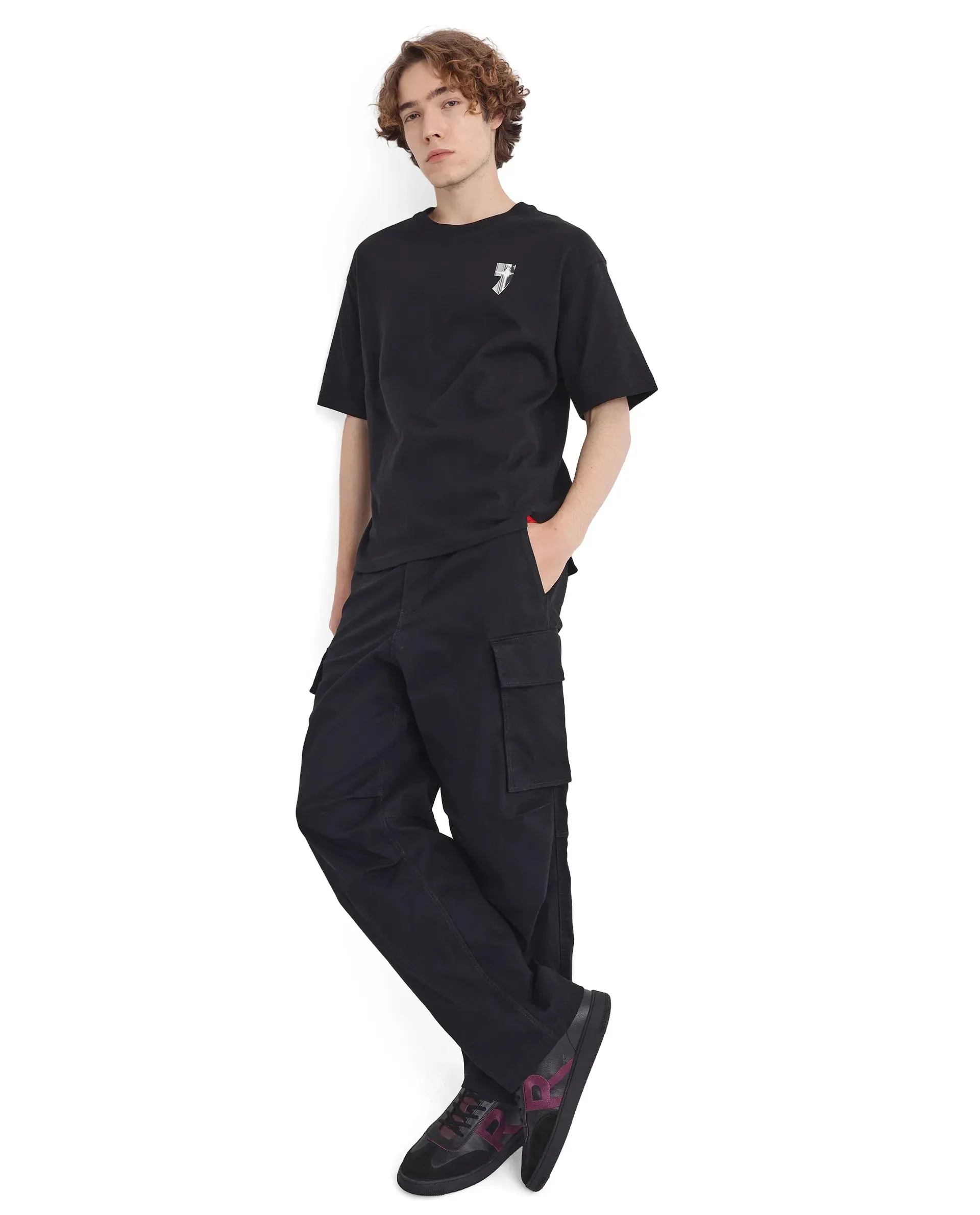 Rare Rabbit Men Keltz Black Cotton Fabric Short Sleeve Crew Neck Oversized Fit Printed T-Shirt