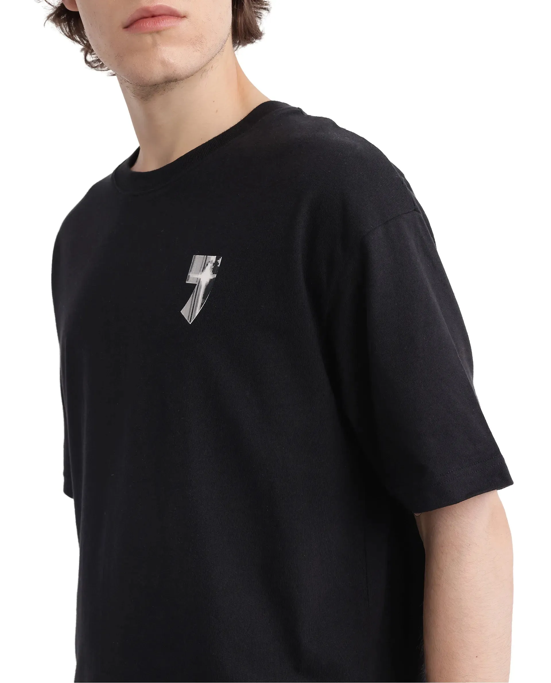 Rare Rabbit Men Keltz Black Cotton Fabric Short Sleeve Crew Neck Oversized Fit Printed T-Shirt