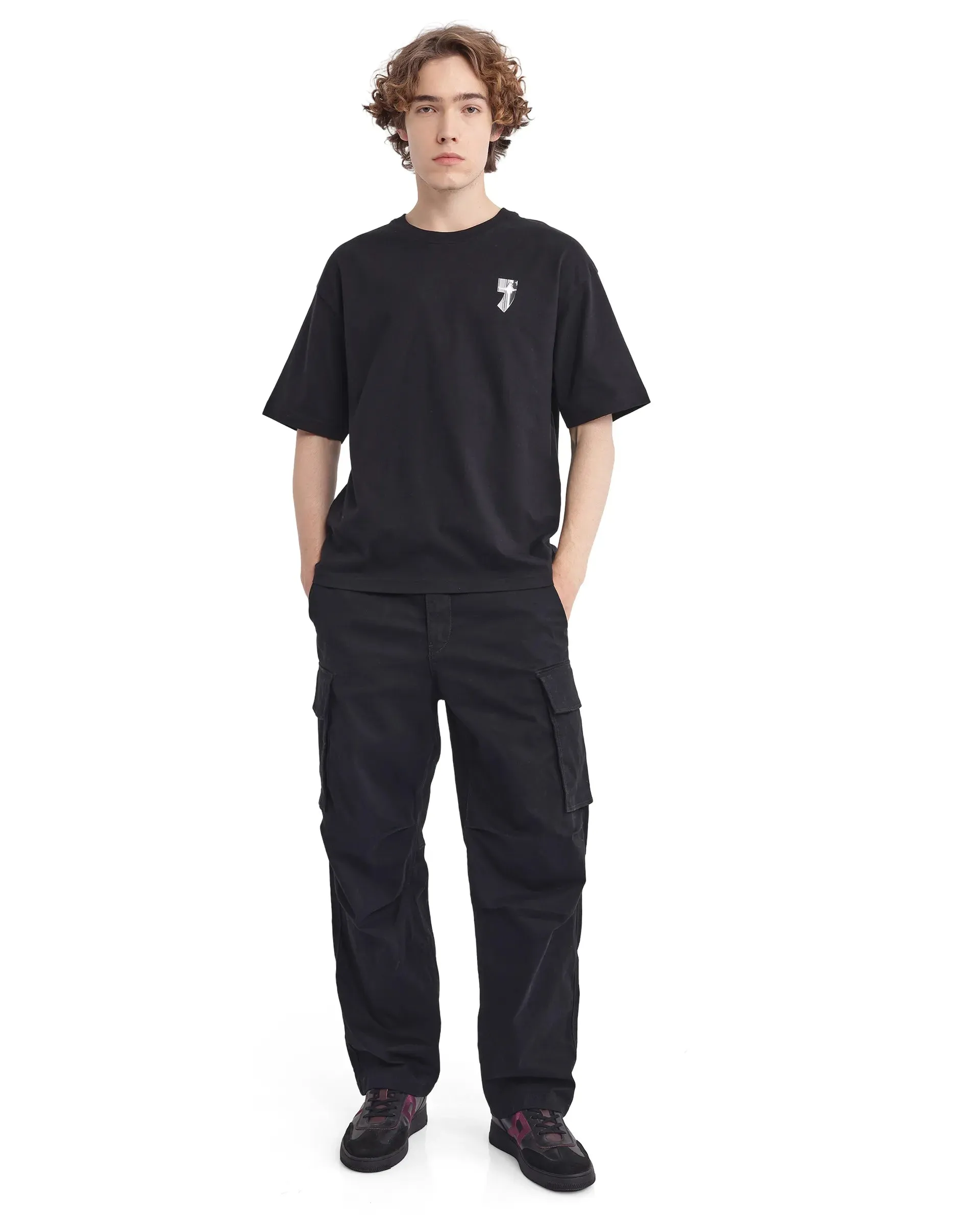 Rare Rabbit Men Keltz Black Cotton Fabric Short Sleeve Crew Neck Oversized Fit Printed T-Shirt