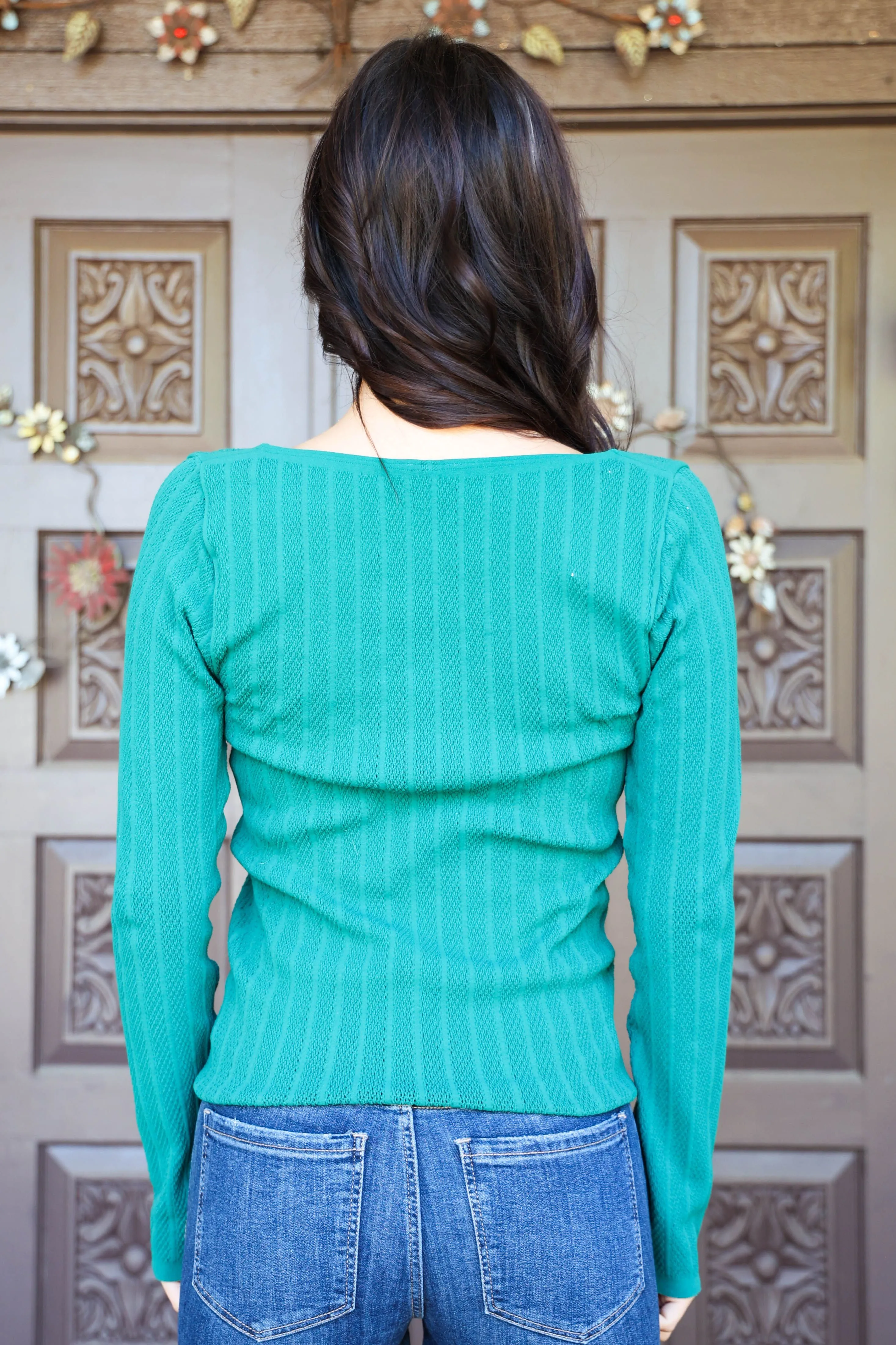 Scala Seamless Emerald Lace Long Sleeve U-Neckline Top