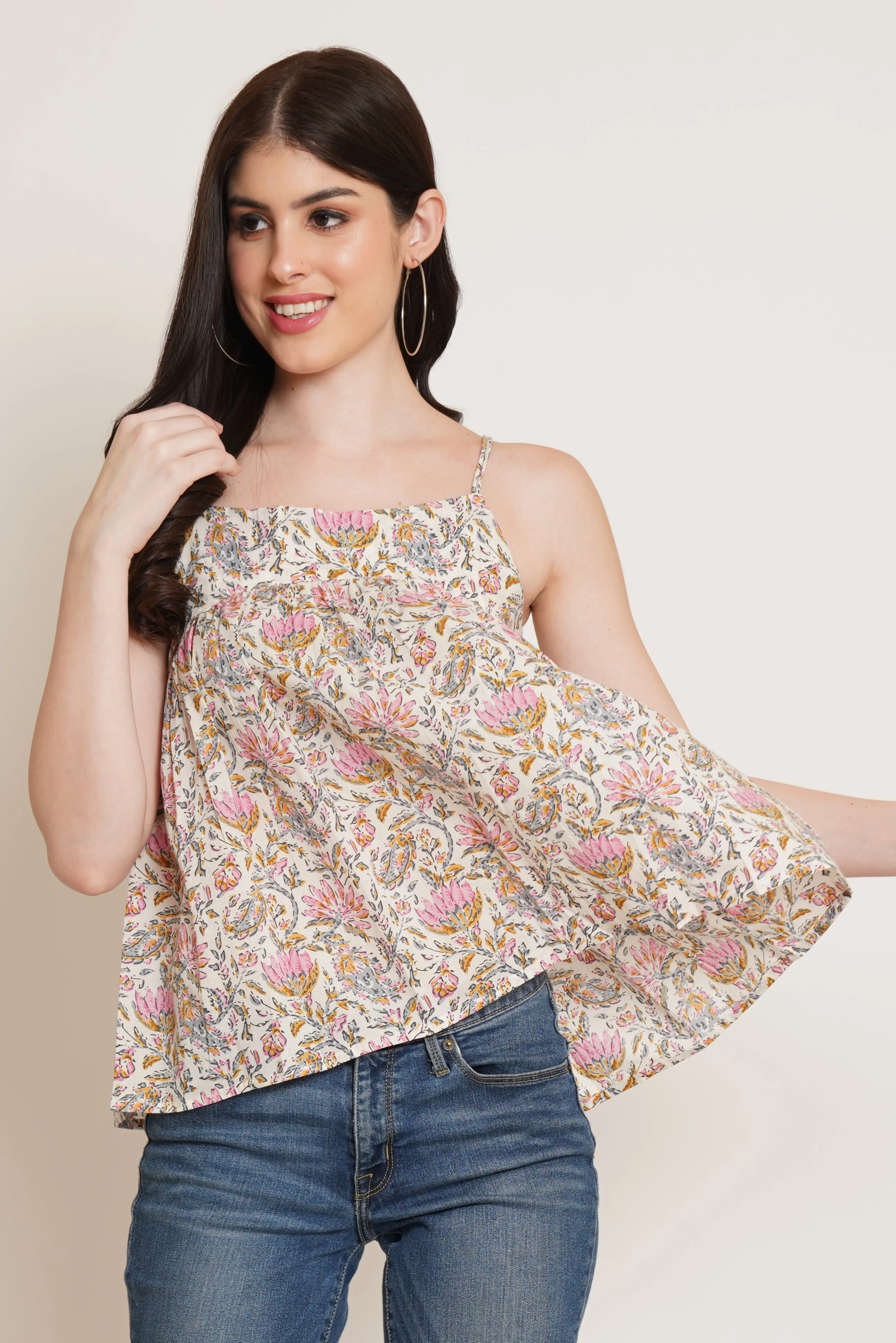 Sleeveless Rajasthani Print Strappy Cotton Top for Women