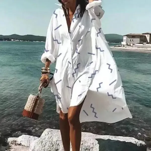 Spring And Summer Fashion Women's Loose Casual Shirt Dress Elegant Women's Casual White Print Lapel Single Breasted Dress S-5XL
