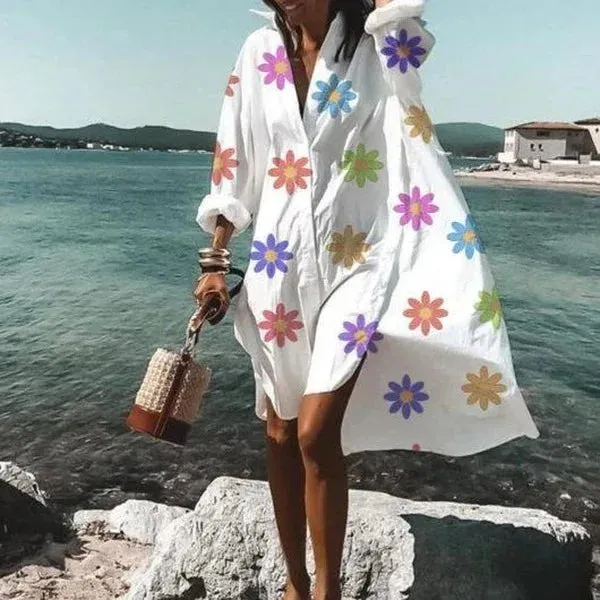 Spring And Summer Fashion Women's Loose Casual Shirt Dress Elegant Women's Casual White Print Lapel Single Breasted Dress S-5XL