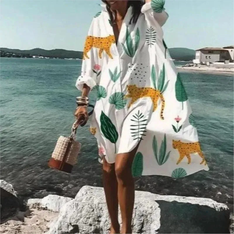Spring And Summer Fashion Women's Loose Casual Shirt Dress Elegant Women's Casual White Print Lapel Single Breasted Dress S-5XL