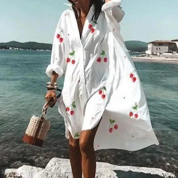 Spring And Summer Fashion Women's Loose Casual Shirt Dress Elegant Women's Casual White Print Lapel Single Breasted Dress S-5XL