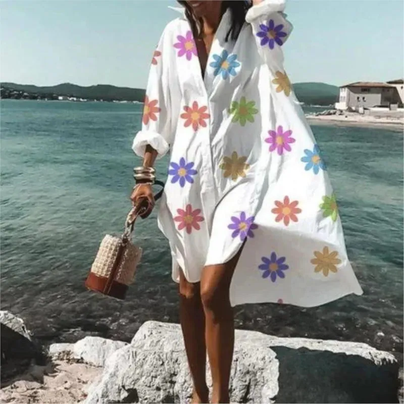 Spring And Summer Fashion Women's Loose Casual Shirt Dress Elegant Women's Casual White Print Lapel Single Breasted Dress S-5XL