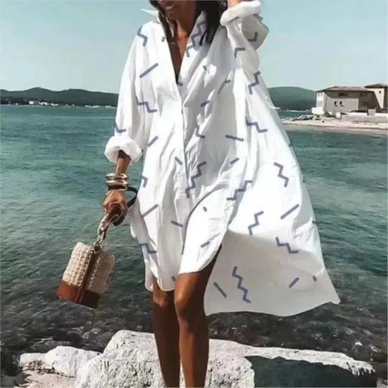 Spring And Summer Fashion Women's Loose Casual Shirt Dress Elegant Women's Casual White Print Lapel Single Breasted Dress S-5XL
