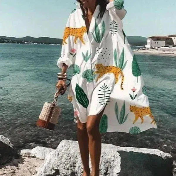 Spring And Summer Fashion Women's Loose Casual Shirt Dress Elegant Women's Casual White Print Lapel Single Breasted Dress S-5XL