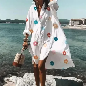 Spring And Summer Fashion Women's Loose Casual Shirt Dress Elegant Women's Casual White Print Lapel Single Breasted Dress S-5XL