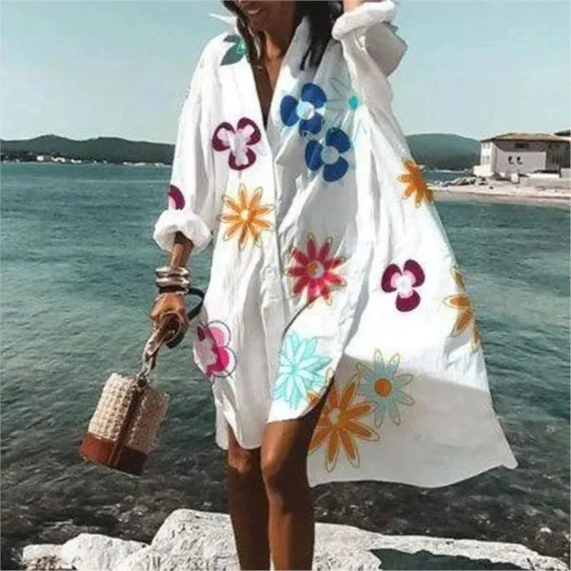 Spring And Summer Fashion Women's Loose Casual Shirt Dress Elegant Women's Casual White Print Lapel Single Breasted Dress S-5XL