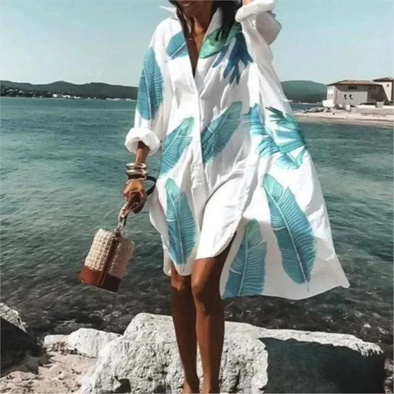 Spring And Summer Fashion Women's Loose Casual Shirt Dress Elegant Women's Casual White Print Lapel Single Breasted Dress S-5XL