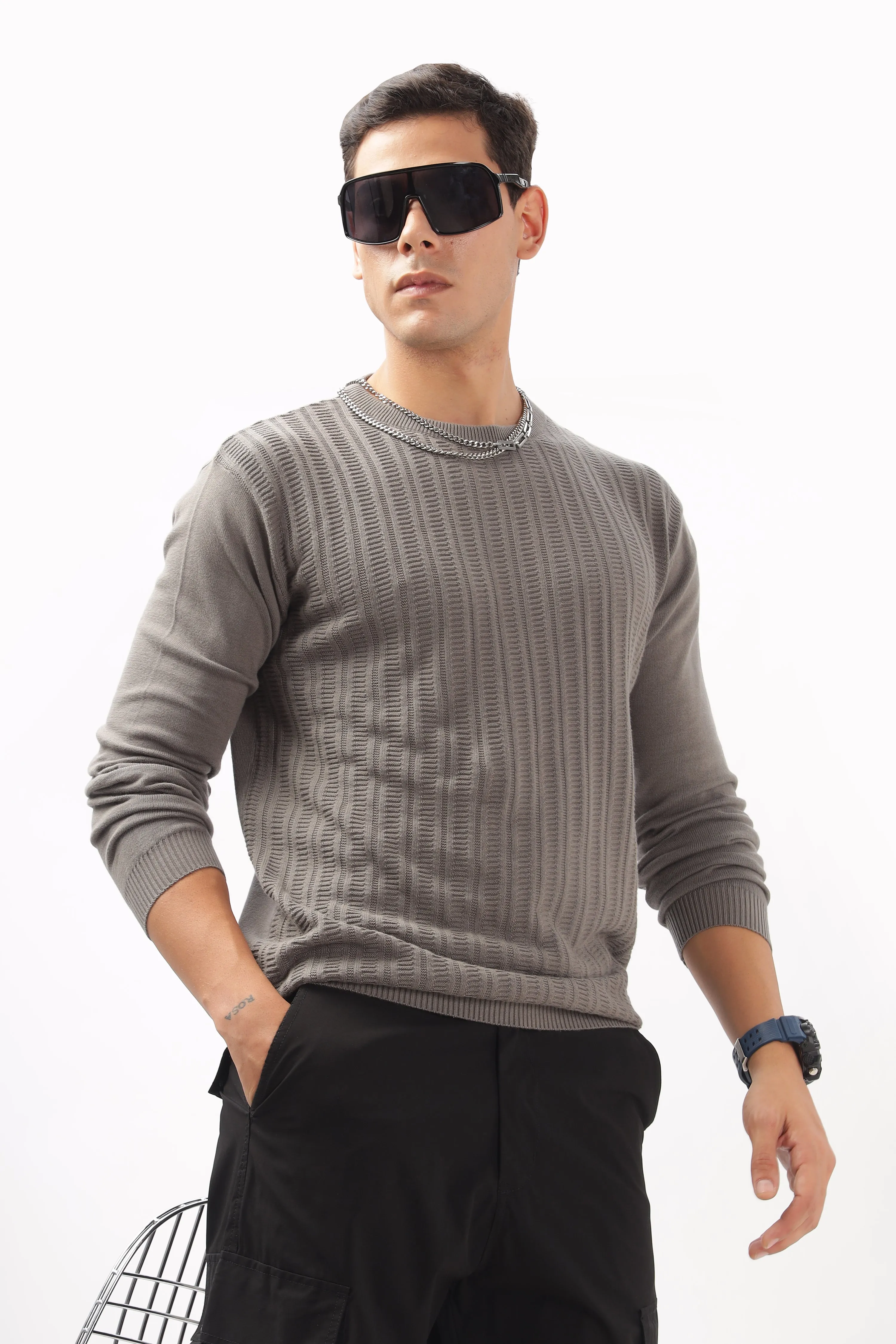 Stripes Knitted Gray Full-Sleeve T-Shirt