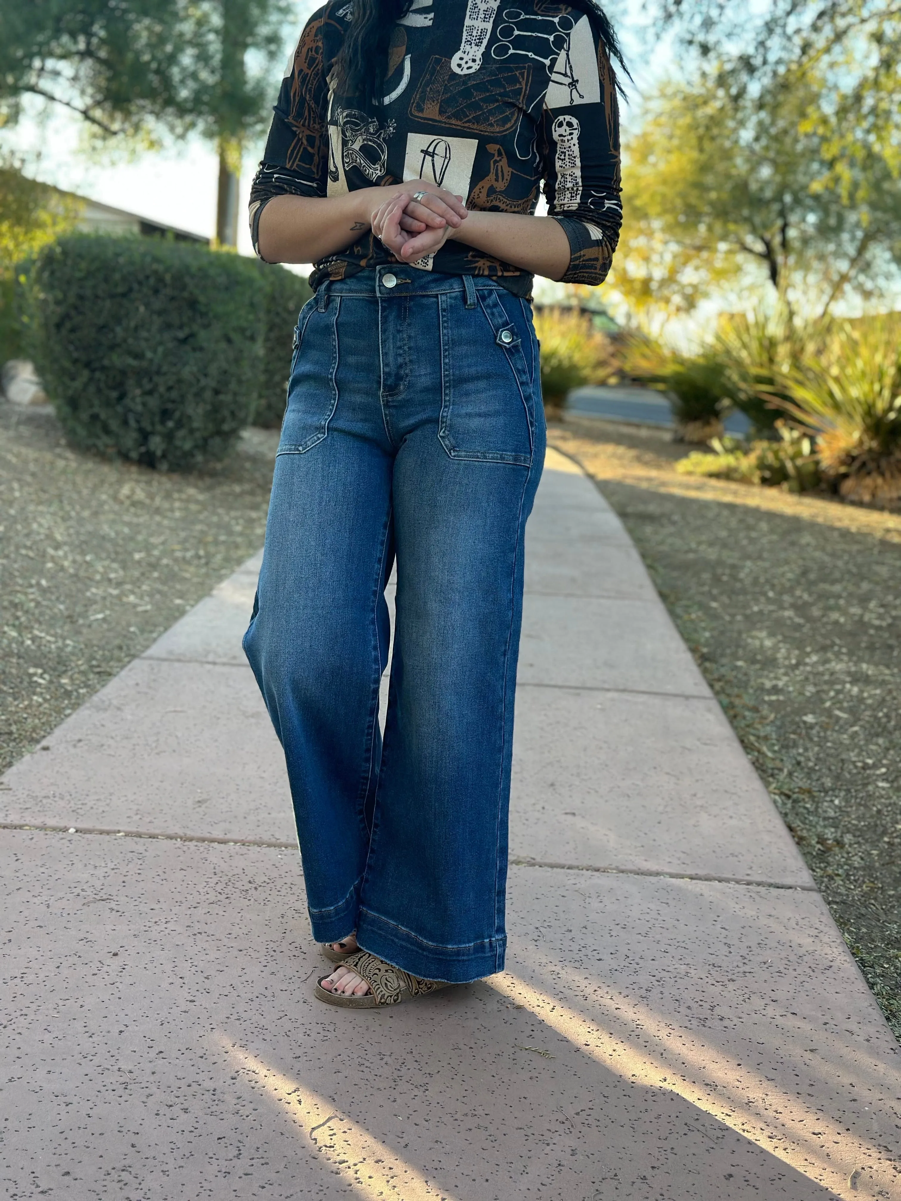 The Risen Button Detail Wide Leg Denim