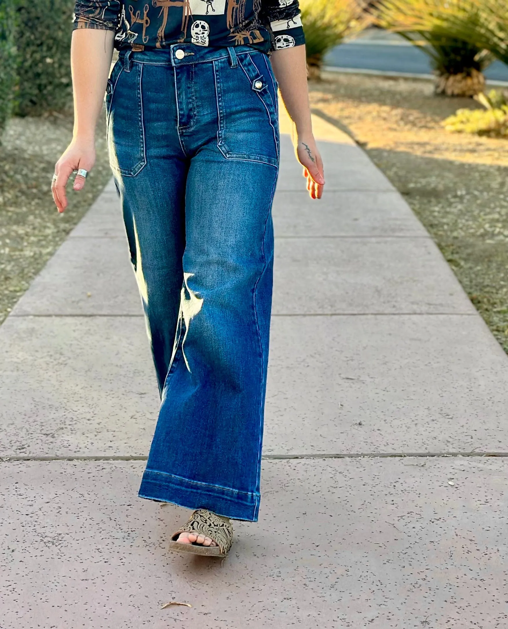The Risen Button Detail Wide Leg Denim