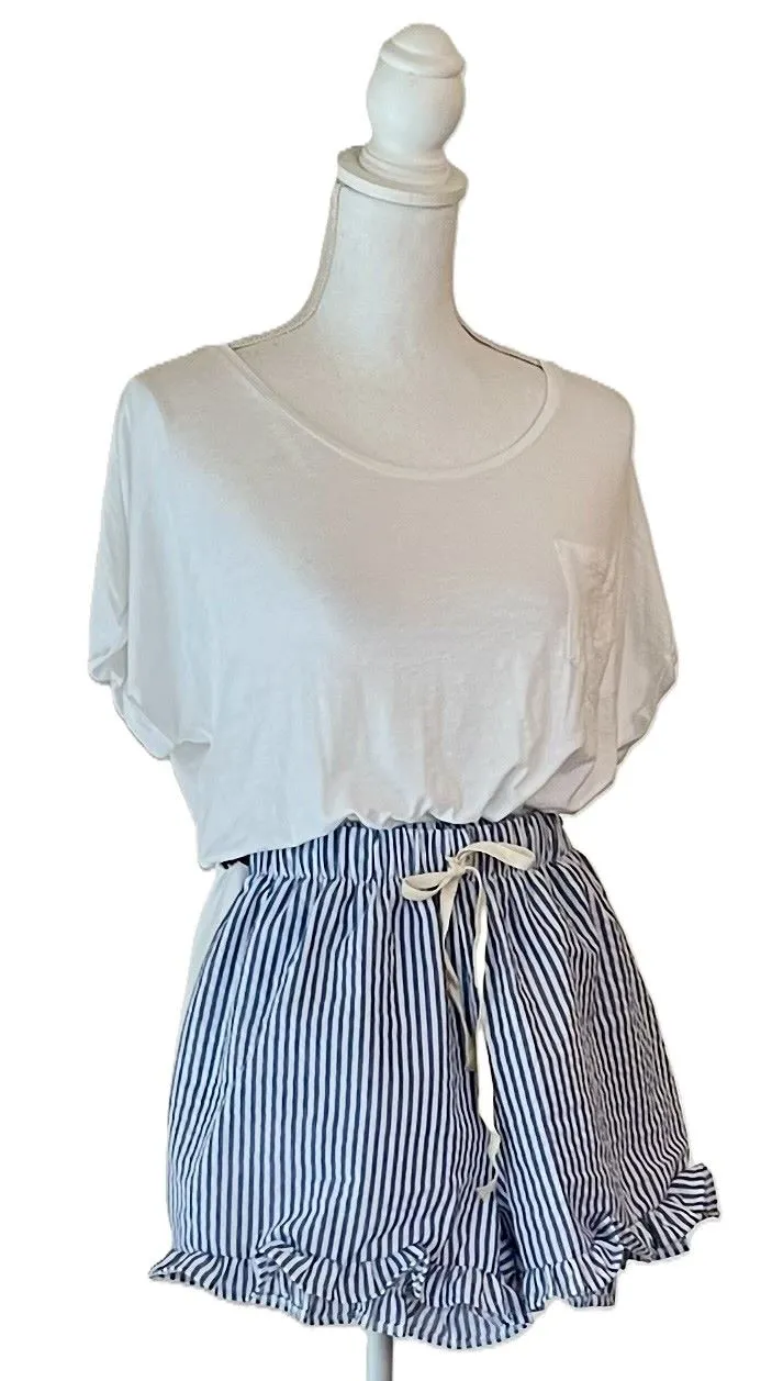 Very Parisian Ruffle Pajama Shorts, Sky Blue Stripe