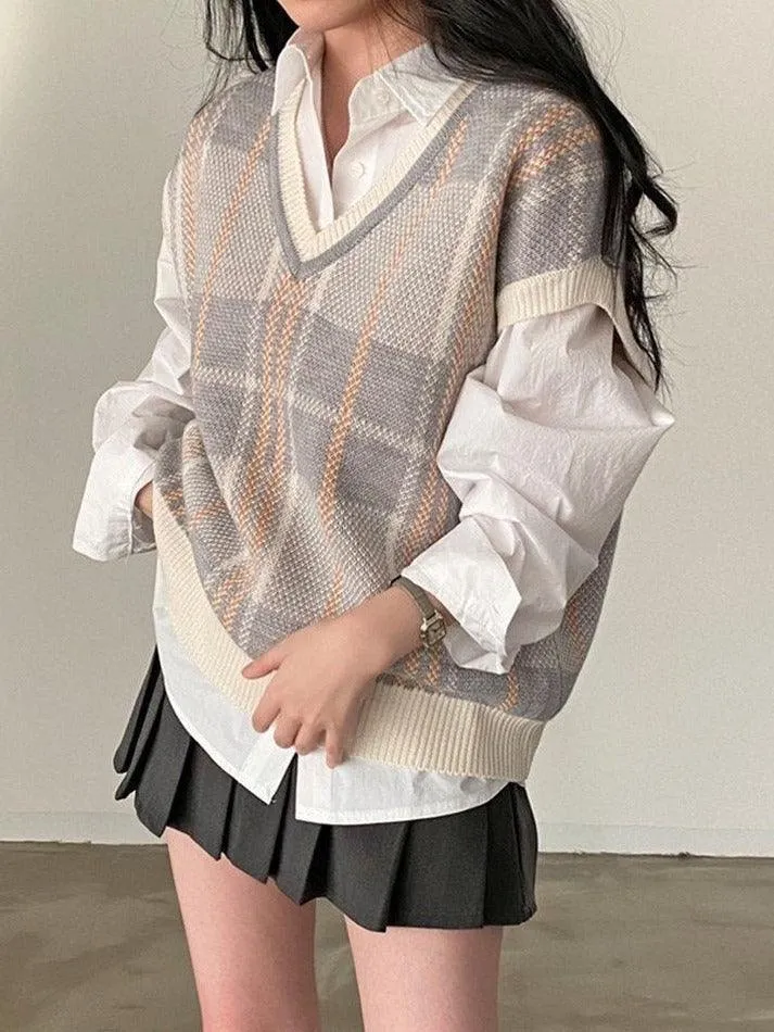 Vintage Checkered V Neck Sweater Vest