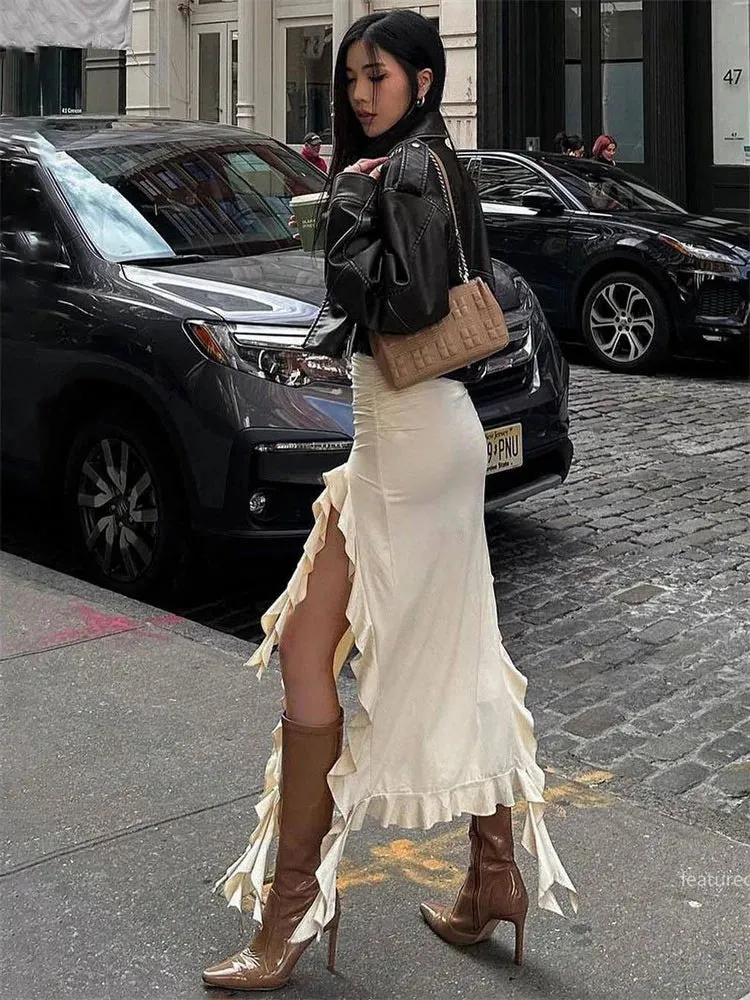 Waist High Hollow Out Side Casual Slit Long Tassel Bodycon Skirt