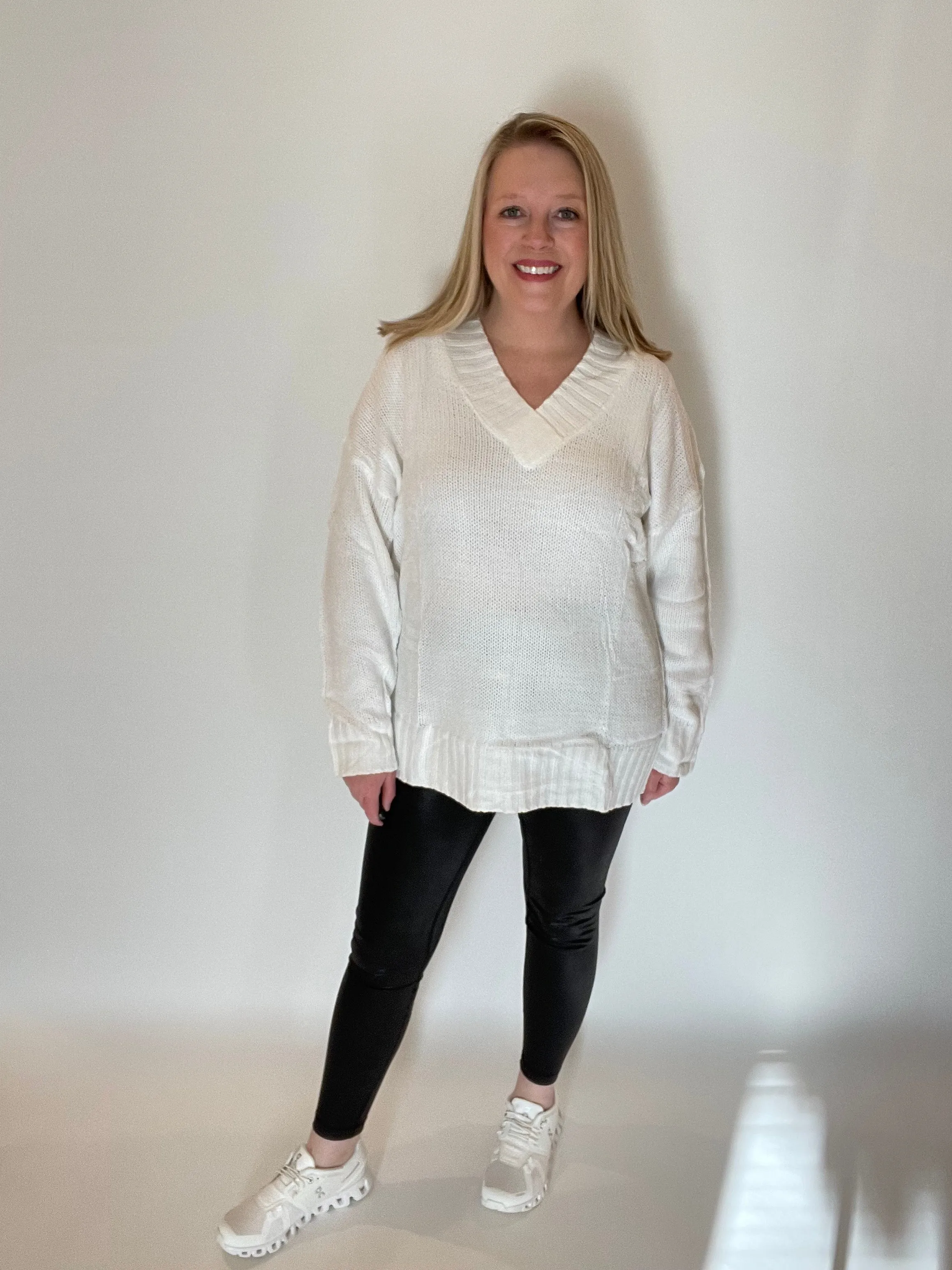 White V-Neck Knit Sweater