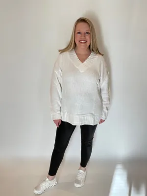 White V-Neck Knit Sweater