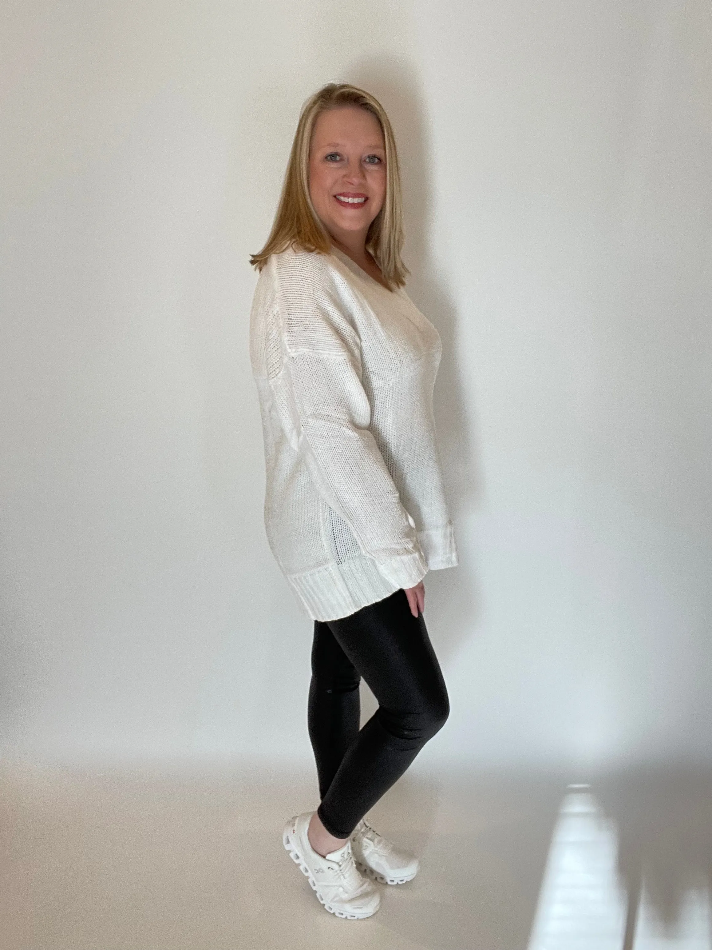 White V-Neck Knit Sweater