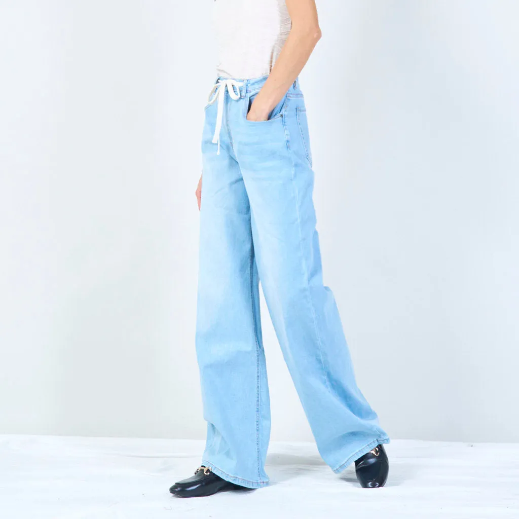 Wide-leg drawstring denim pants wholesale
