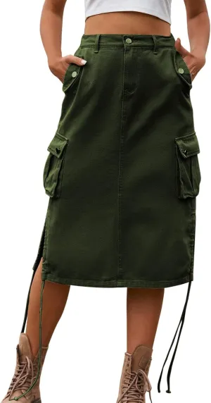 Women's Denim lace up Tooling Skirt Casual mid Length Skirt Pencil Skirts for Women Plus Size Midi Skirts (Green-1, XL)