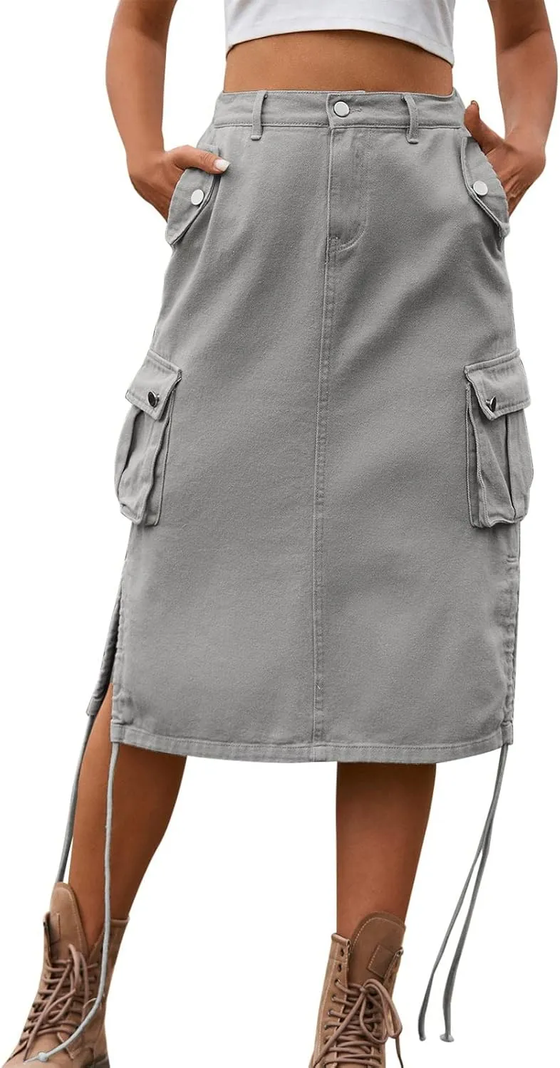 Women's Denim lace up Tooling Skirt Casual mid Length Skirt Pencil Skirts for Women Plus Size Midi Skirts (Grey-1, XXL)