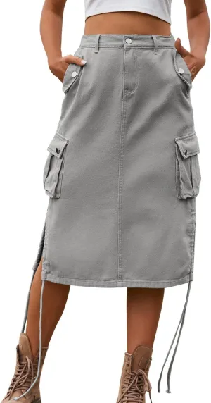 Women's Denim lace up Tooling Skirt Casual mid Length Skirt Pencil Skirts for Women Plus Size Midi Skirts (Grey-1, XXL)