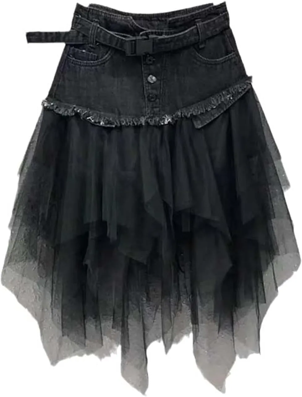 Women's Irregular Denim Tulle Skirts High Waist Mid-Length Mesh Pleated Y2k Gothic Pockets & Belt