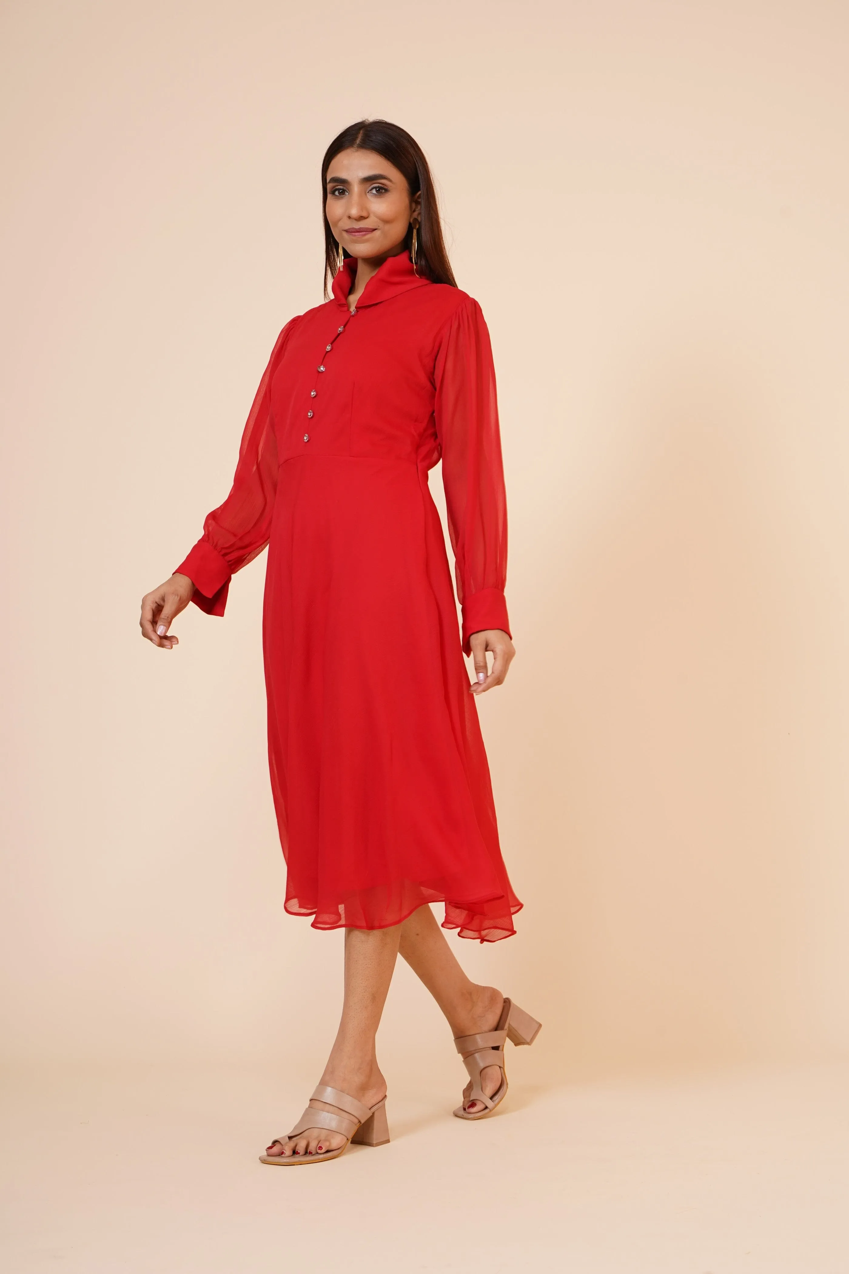 Women's Red Chiiffon Casual Midi Dress