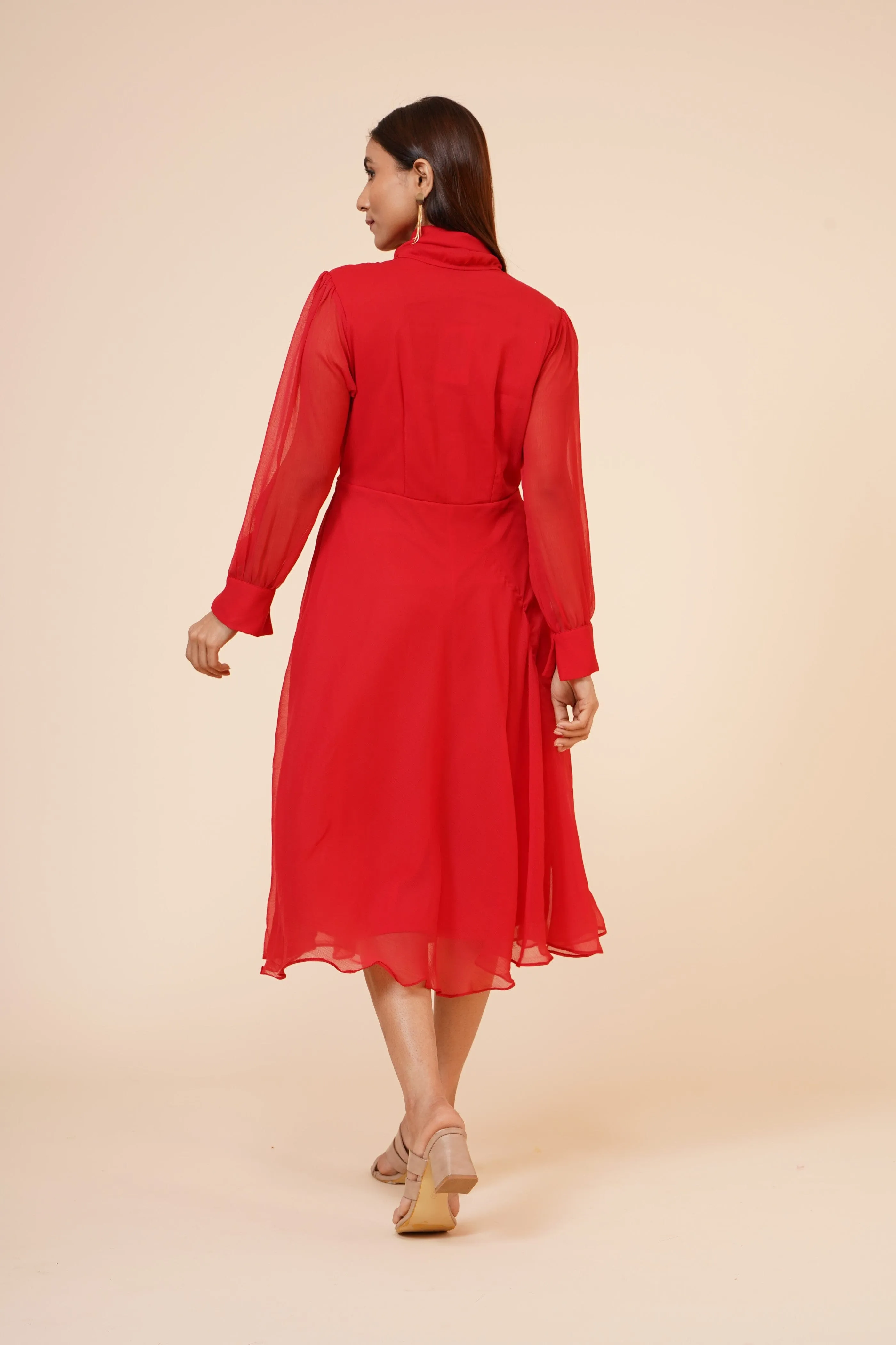 Women's Red Chiiffon Casual Midi Dress