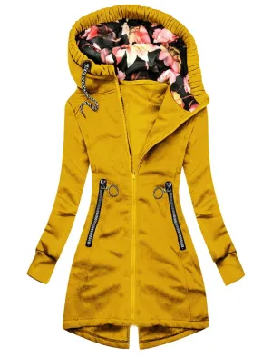 Women's Stylish High Neck Zipper Pocket Rain Coat with Printed Hood | Perfect for Autumn/Winter