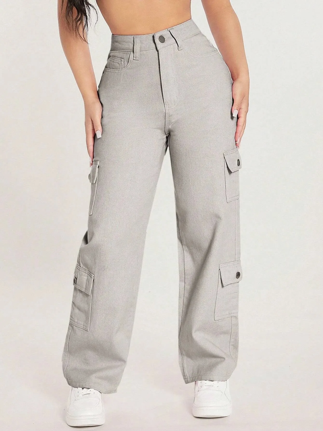 Zipper Closure Denim Cargo Pants