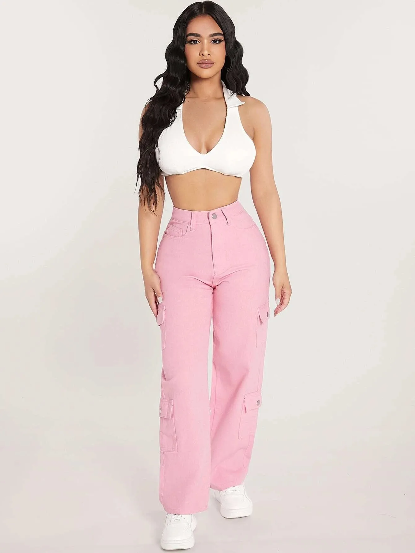 Zipper Closure Denim Cargo Pants