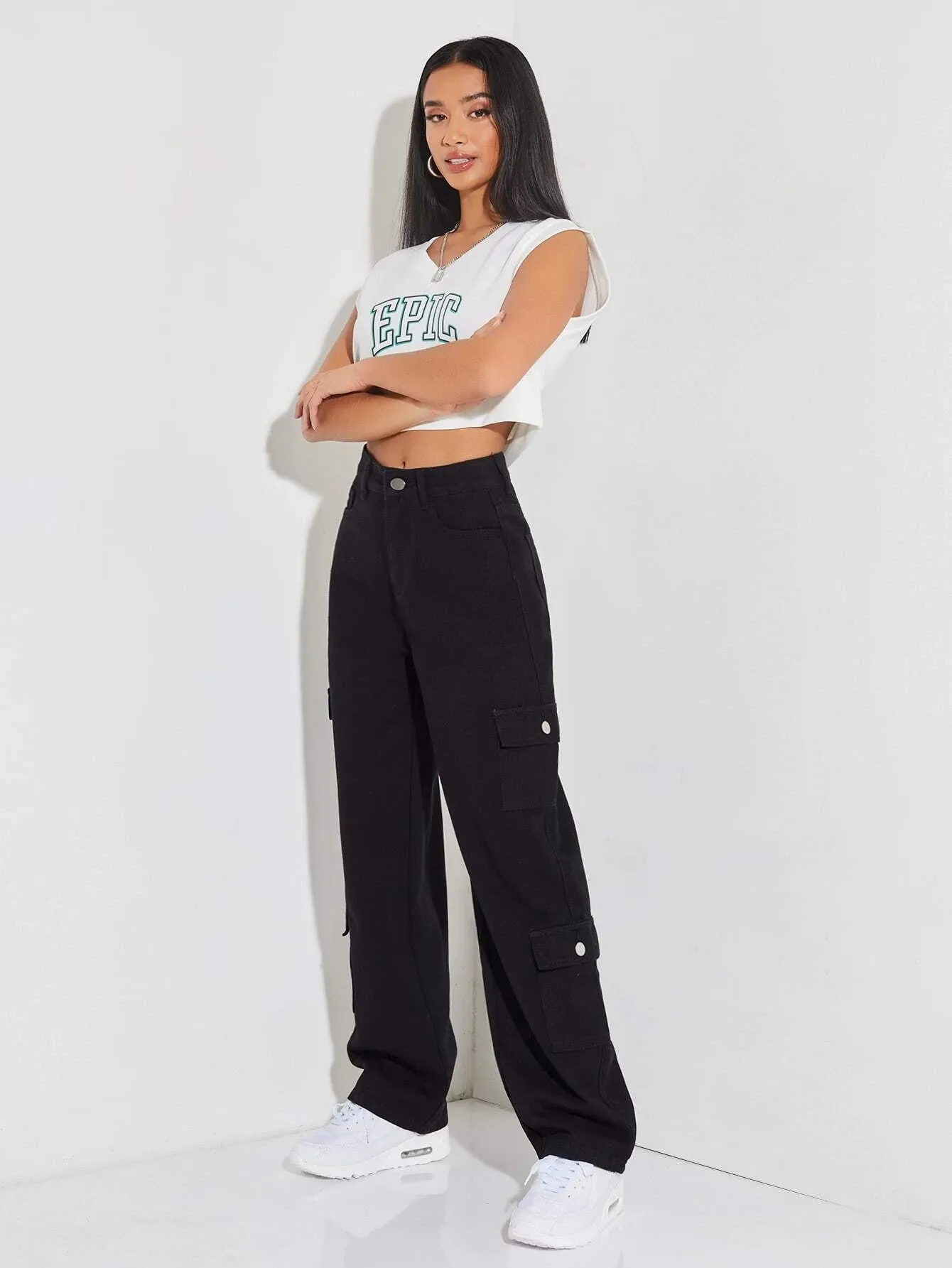 Zipper Closure Denim Cargo Pants