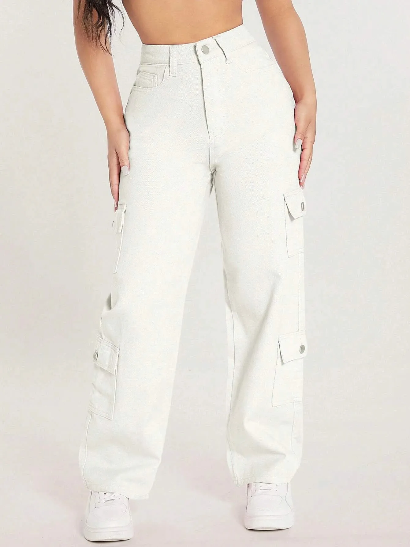 Zipper Closure Denim Cargo Pants