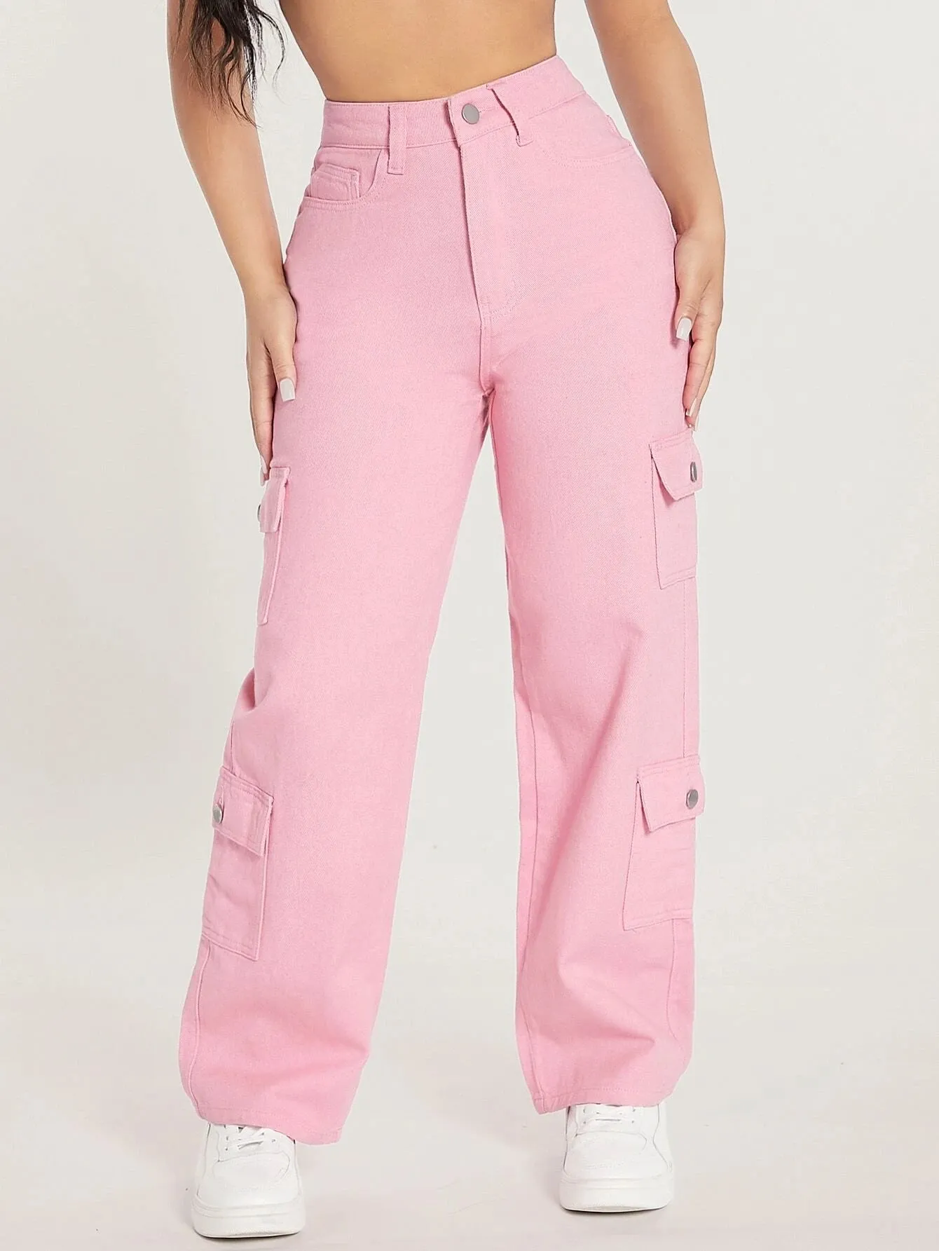 Zipper Closure Denim Cargo Pants