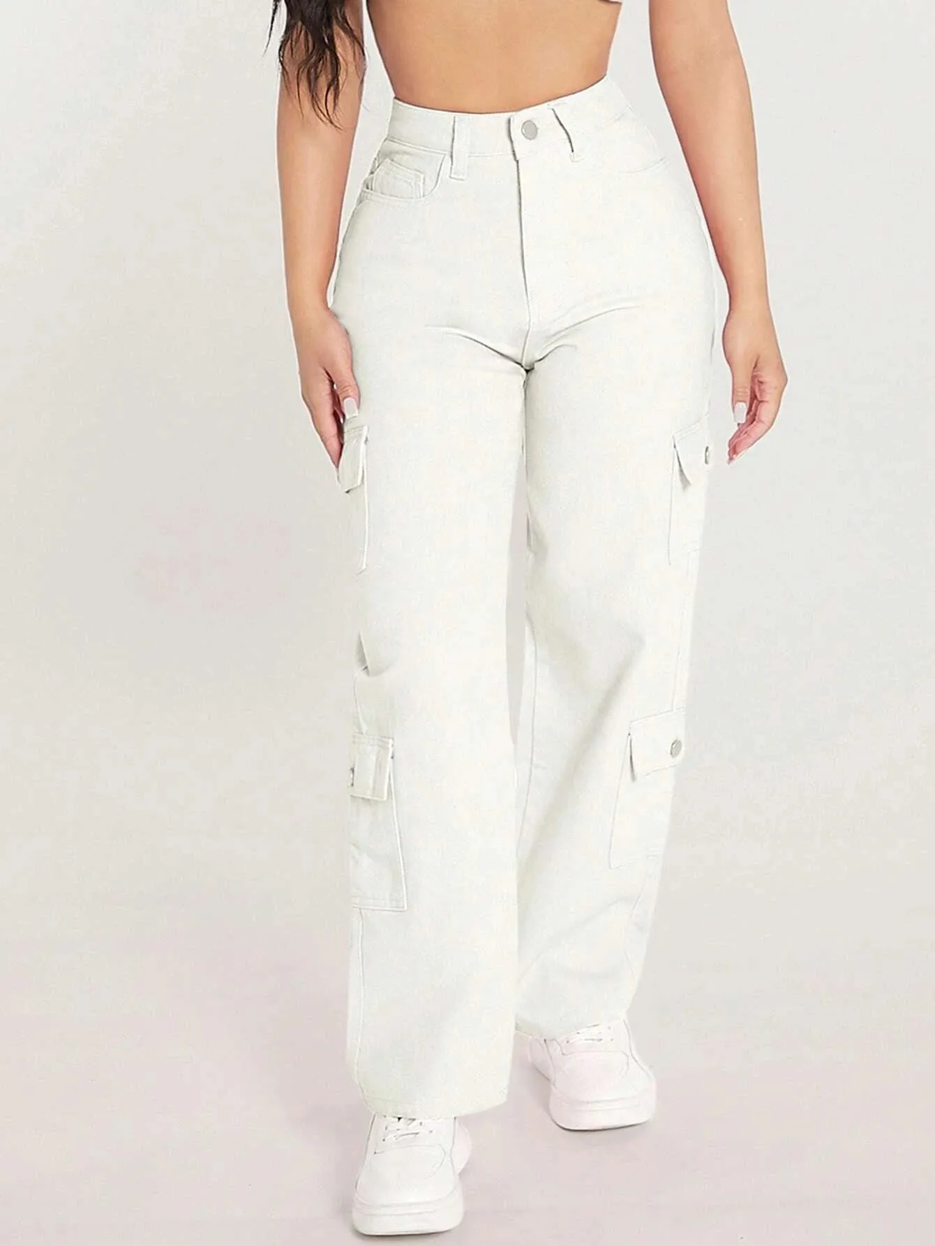 Zipper Closure Denim Cargo Pants
