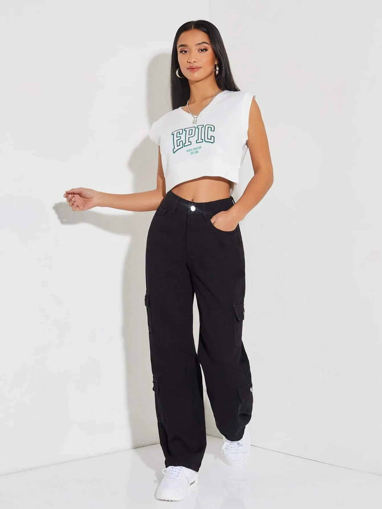 Zipper Closure Denim Cargo Pants