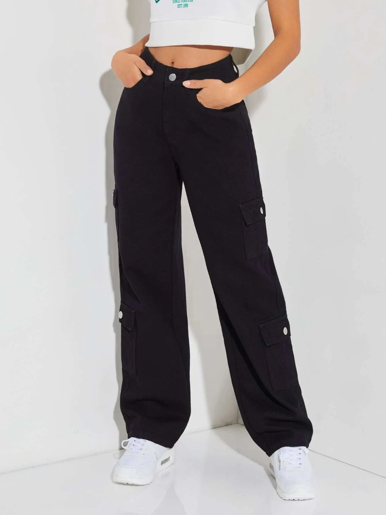 Zipper Closure Denim Cargo Pants