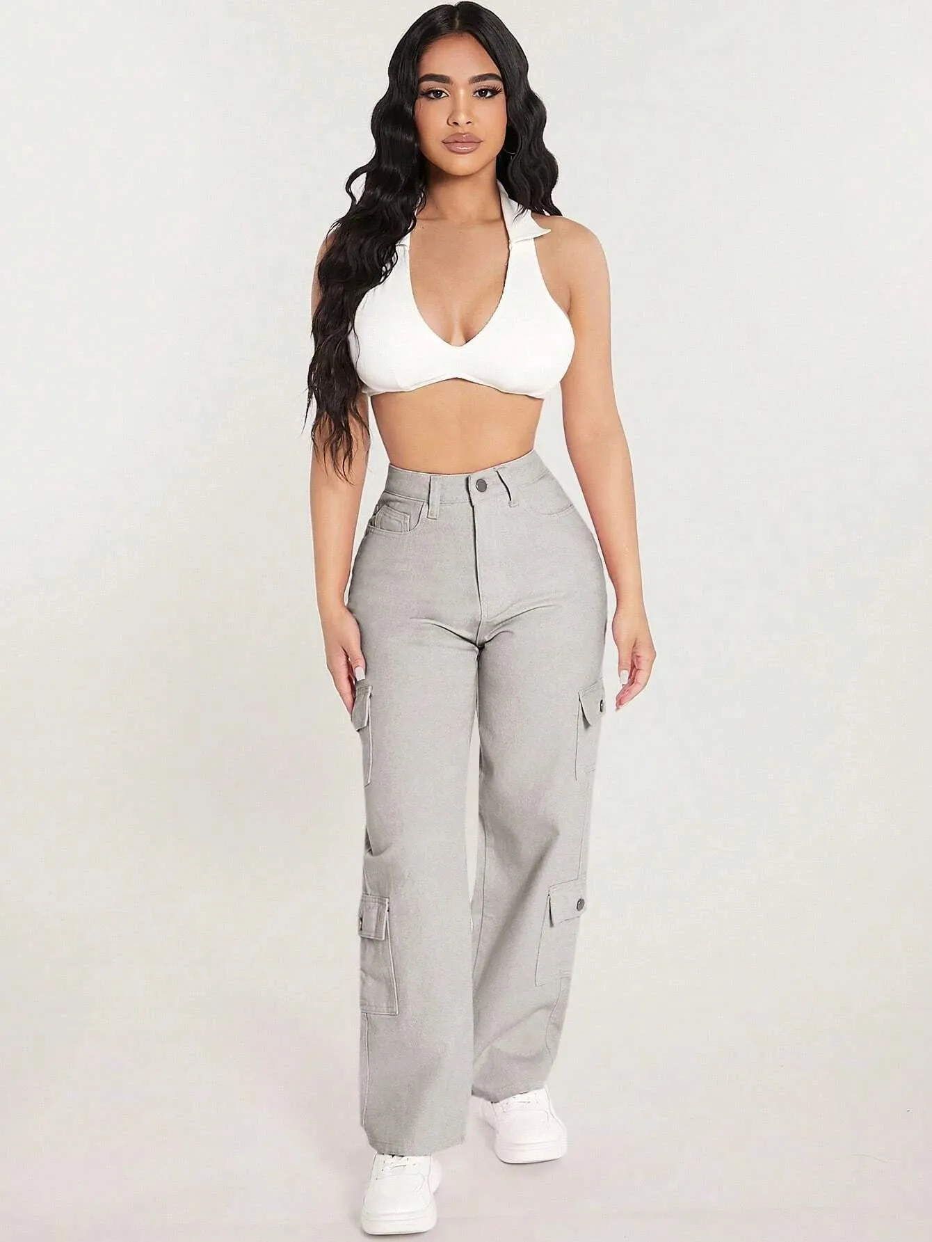 Zipper Closure Denim Cargo Pants